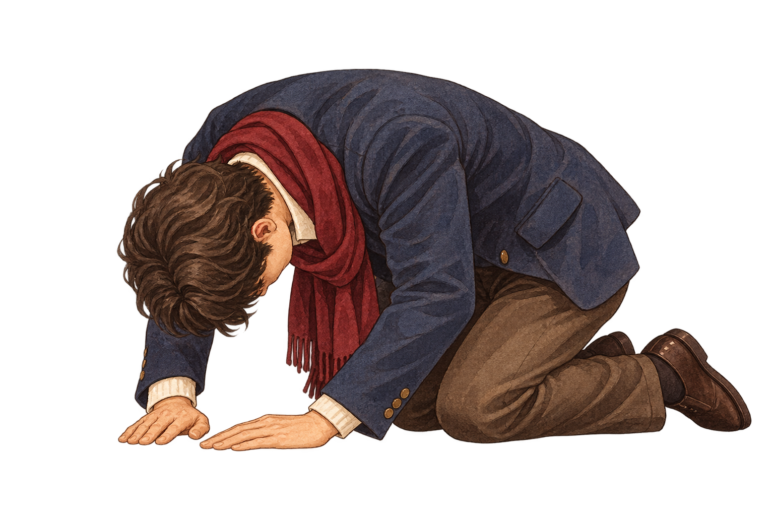 A person kneeling on both knees with head bowed